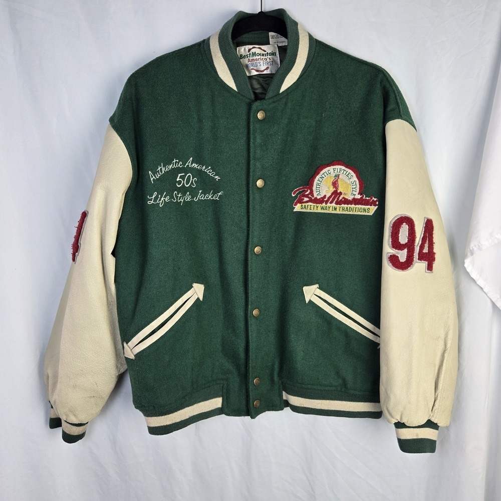 Vintage 90s Best Mountain Wool‎ Leather Varsity Jacket Green Mens Small Preppy